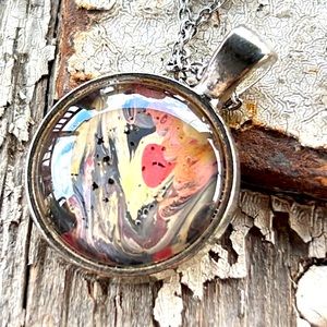 OOAK Miniature acrylic “dirty pour” painting necklace Susan Ray, author/designer